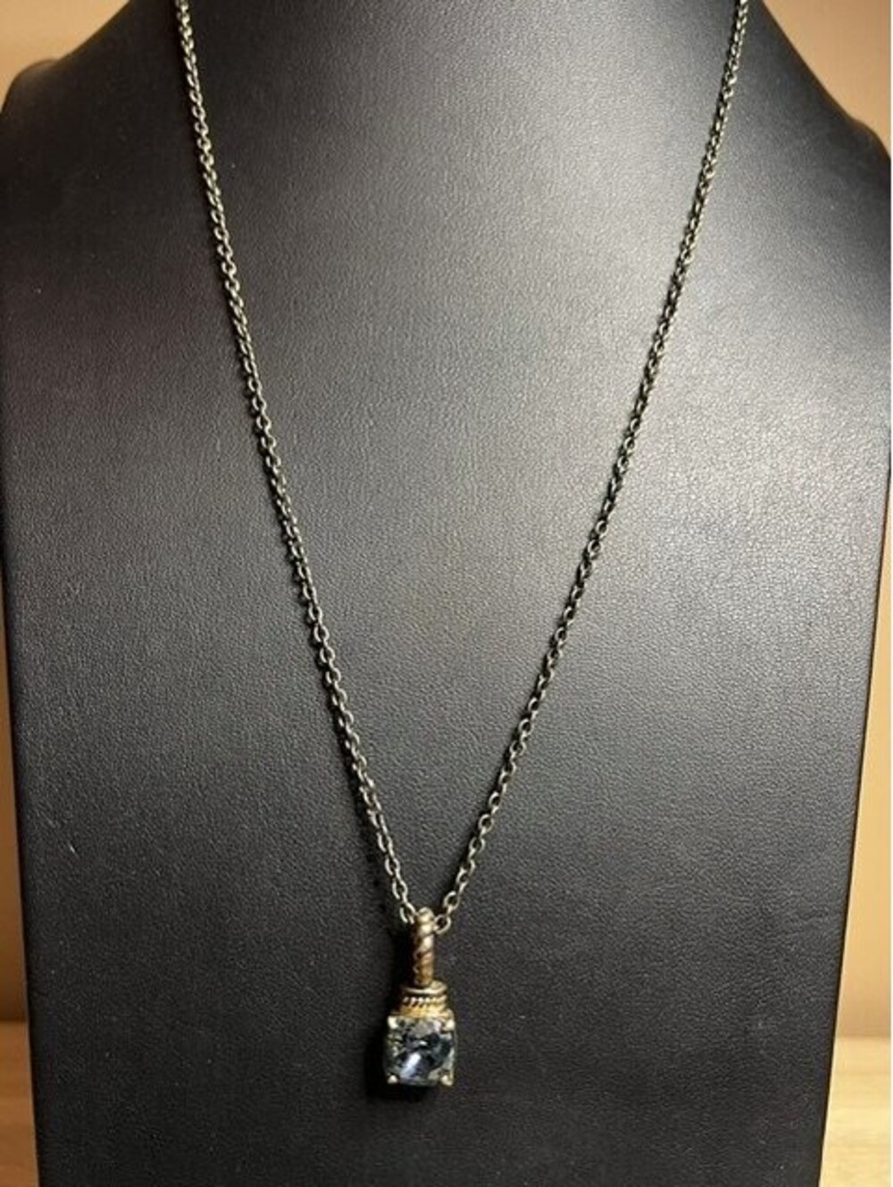 B7194 TALBOTS Blue Gray Cushion Cut Pendant Necklace Rope Bail 24-26"
